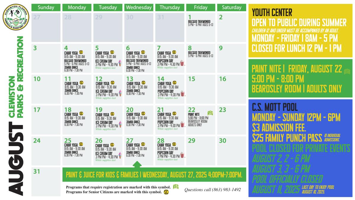 Clewiston August Parks & Rec Calendar